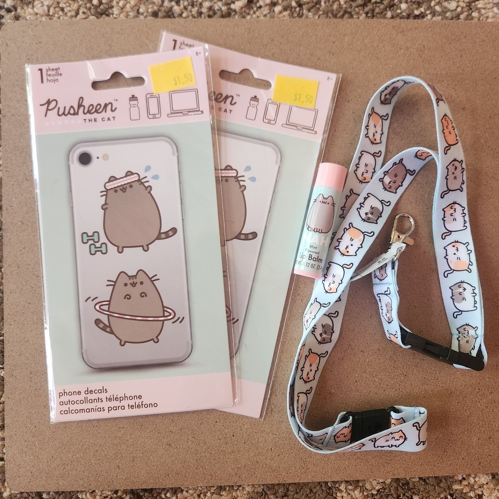 Pusheen the Cat Bundle, Phone Decals, Mint Lip Balm, Lanyard